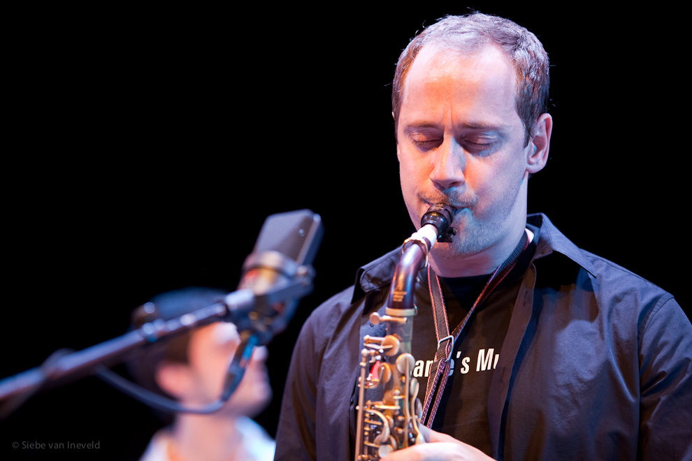 Alto Saxophonist Lars Dietrich with Rick Rosato in the background of the Gideon van Gelder Sextet.