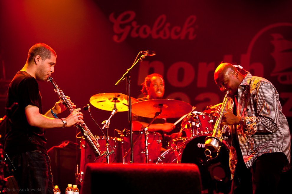 Alex Han, soprano saxophone and Sean Jones, trumpet with on the background Louis Cato. North Sea Jazz 2010, Rotterdam, The Netherlands.